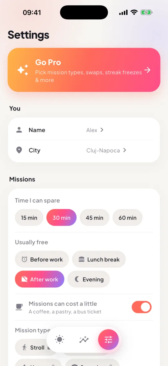Daily Outdoor Missions screen: Tuned to you
